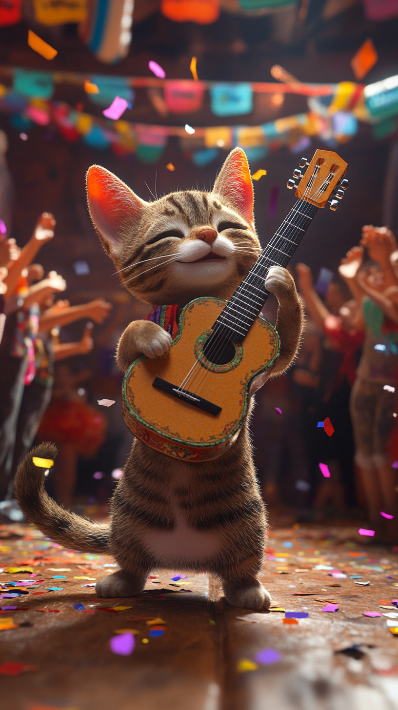 Tabby cat rock star concert with mariachi band