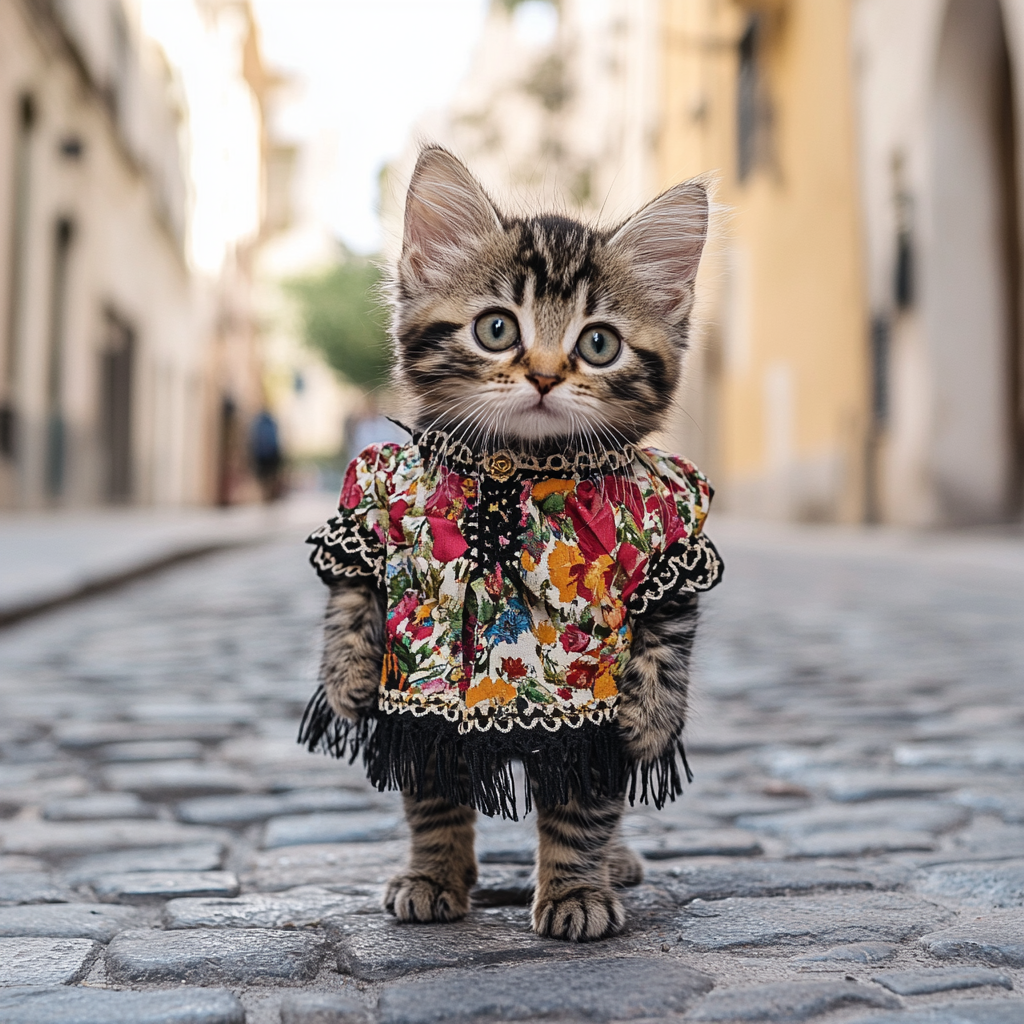 Tabby kitten in vintage Ukrainian outfit on city street.