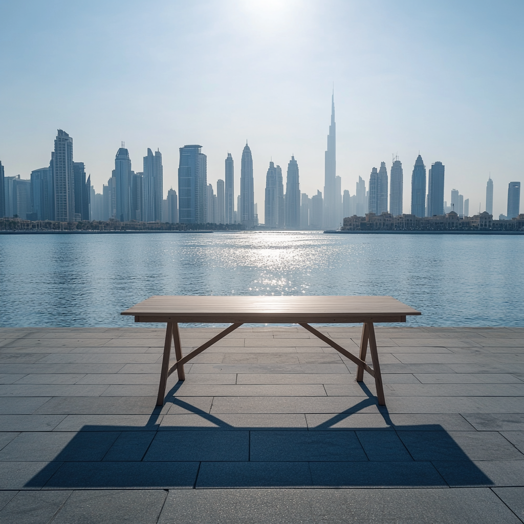 Table by Dubai's Marine Drive with skyline view