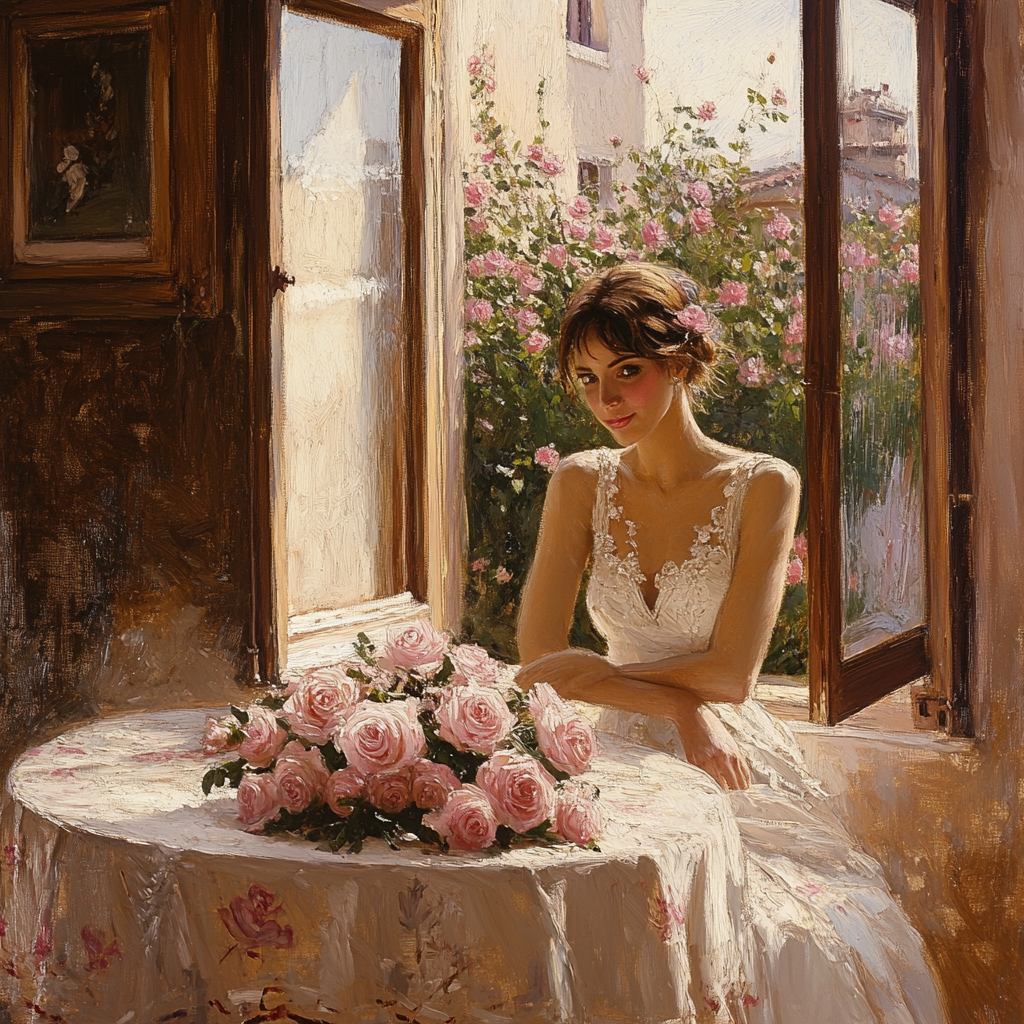 Table of pink roses in front of window, woman.