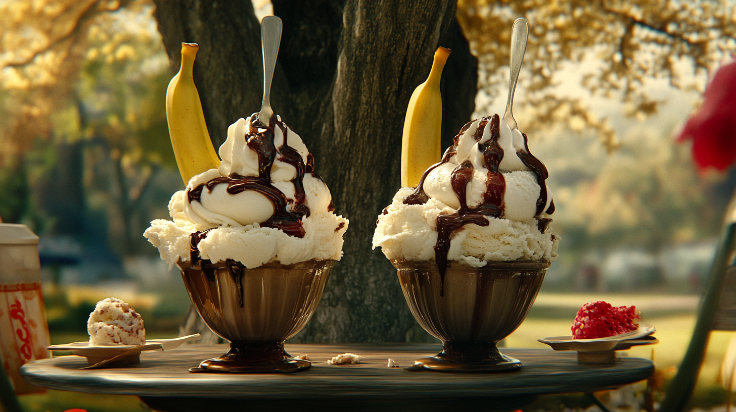 Table with banana splits under shady tree, serene atmosphere.