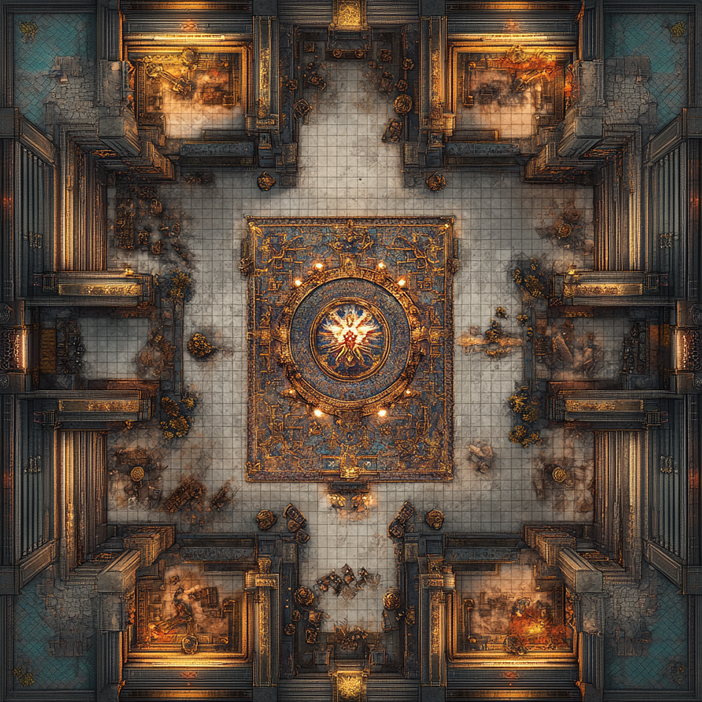 Tactical map of guild hall with sigil mosaic