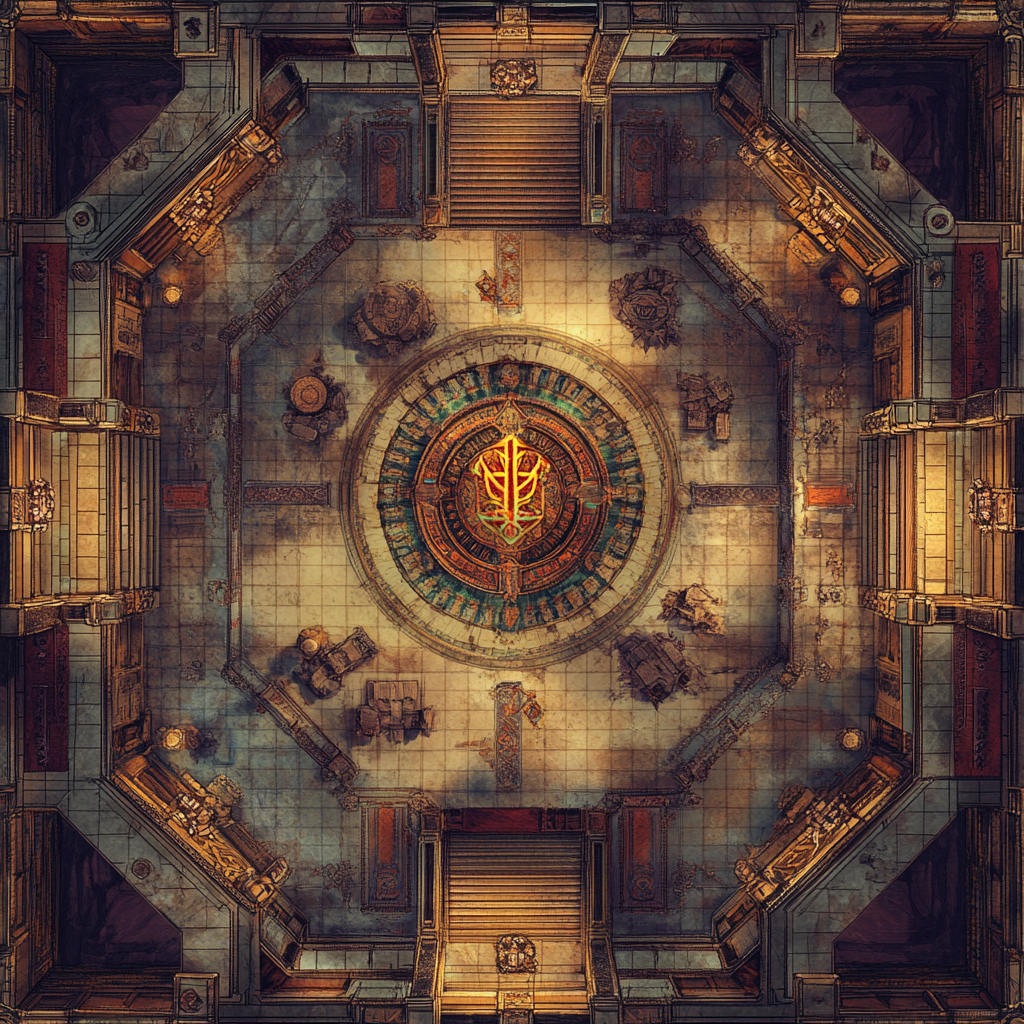 Tactical map of medieval guild Great Hall detailing features.