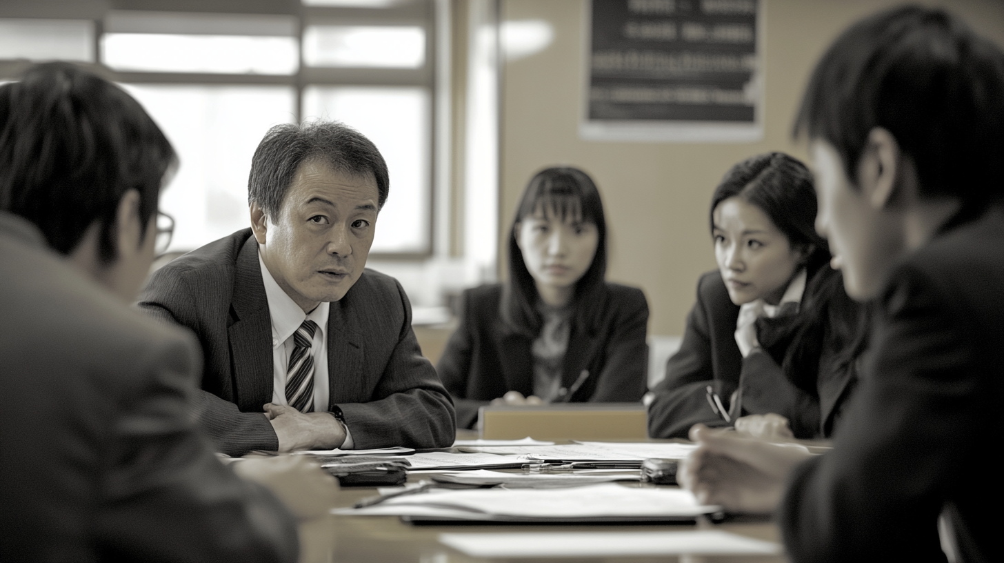 Taiwanese School Conference Room Meeting with Middle-Aged Teachers