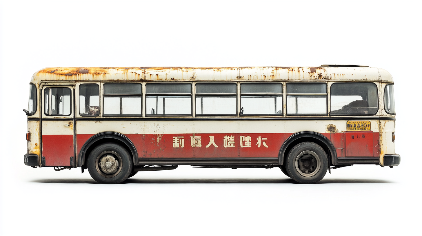 Taiwanese bus with plain white background, detailed photograph.