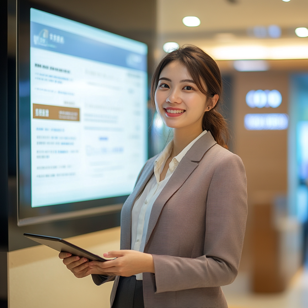 Taiwanese female bank clerk introducing pure online banking loan