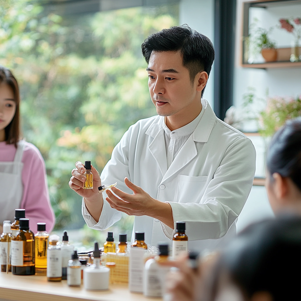 Taiwanese fragrance instructor teaching students blending perfumes professionally.