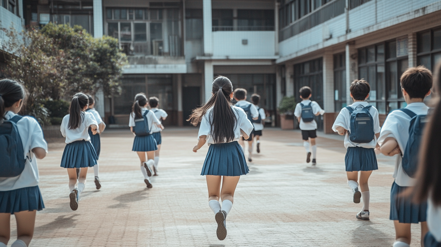 Taiwanese high school courtyard students running and playing