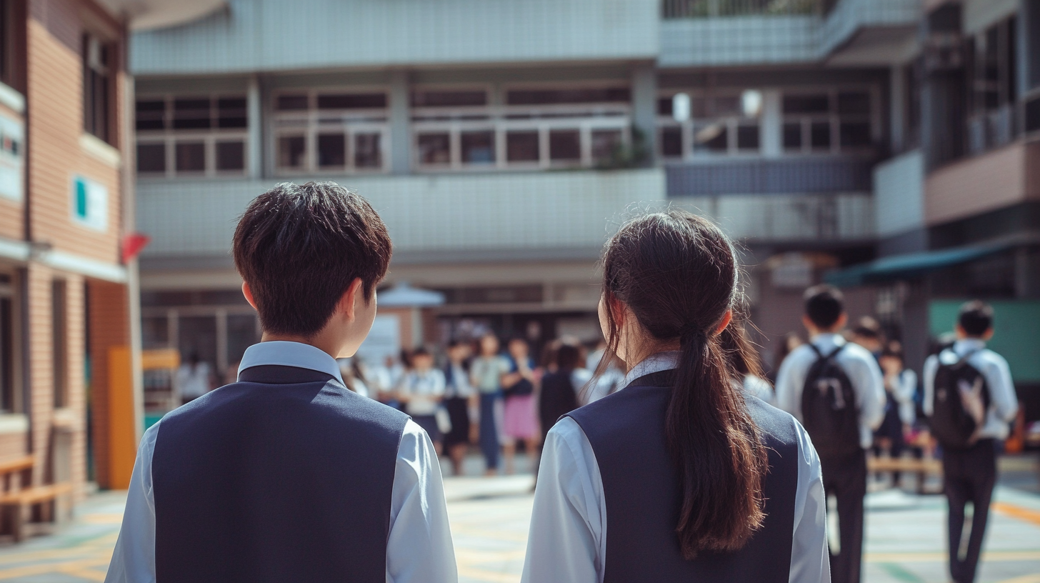 Taiwanese high school courtyard with chatting students