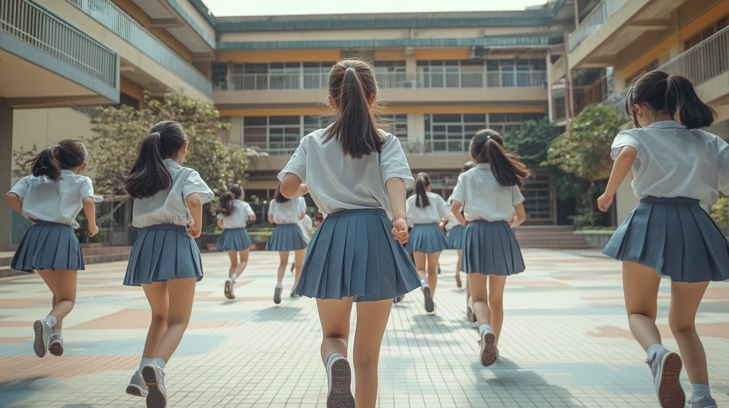 Taiwanese high school courtyard with students playing – AR 16:9