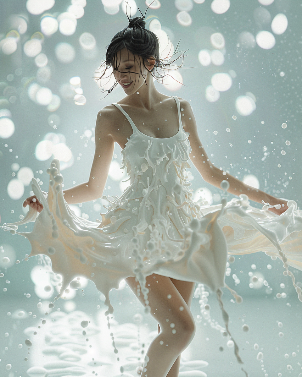 Taiwanese lady in milk dress, surreal fashion aesthetics.