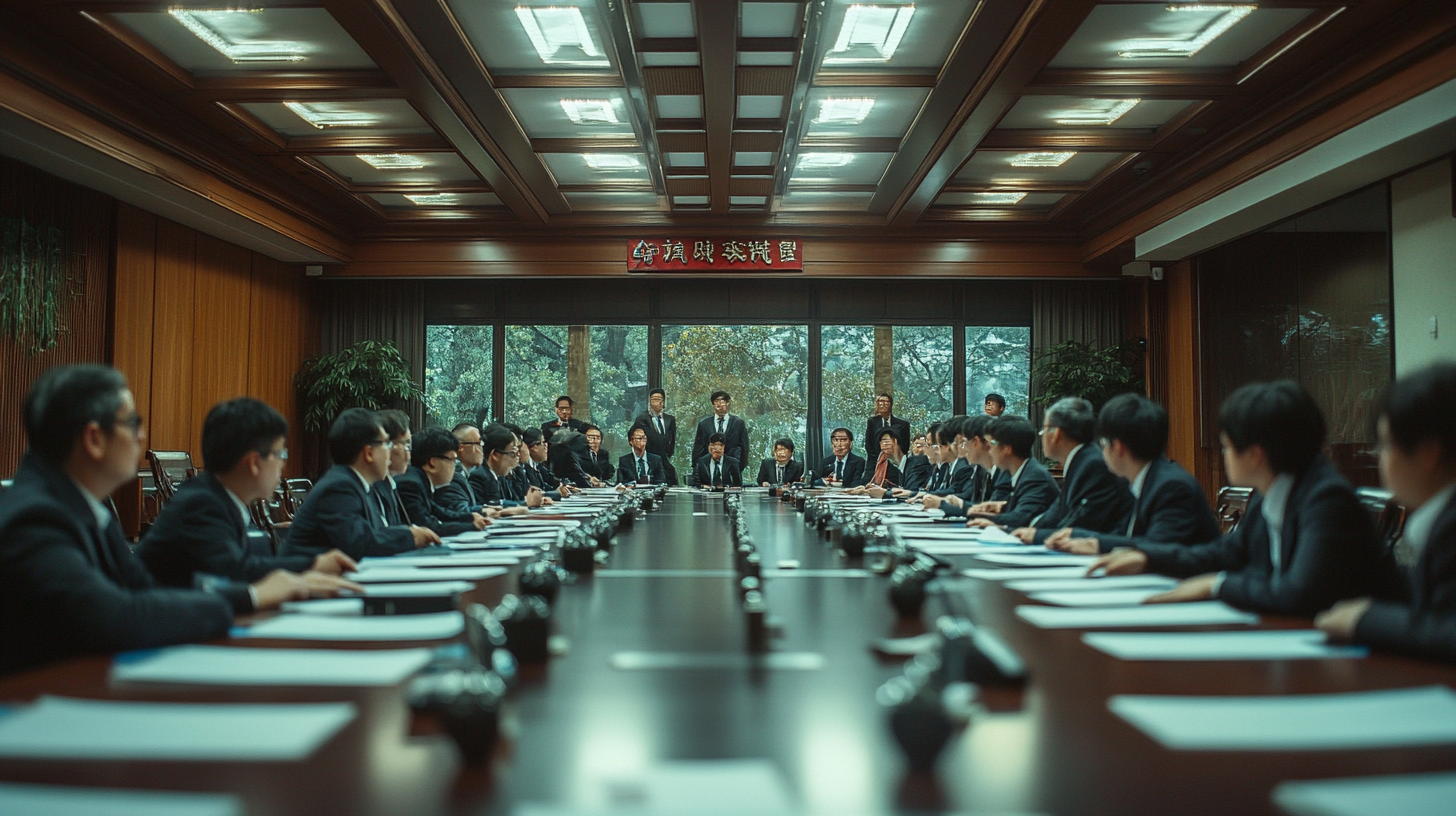 Taiwanese school campus conference room with teachers in formal attire discussing documents