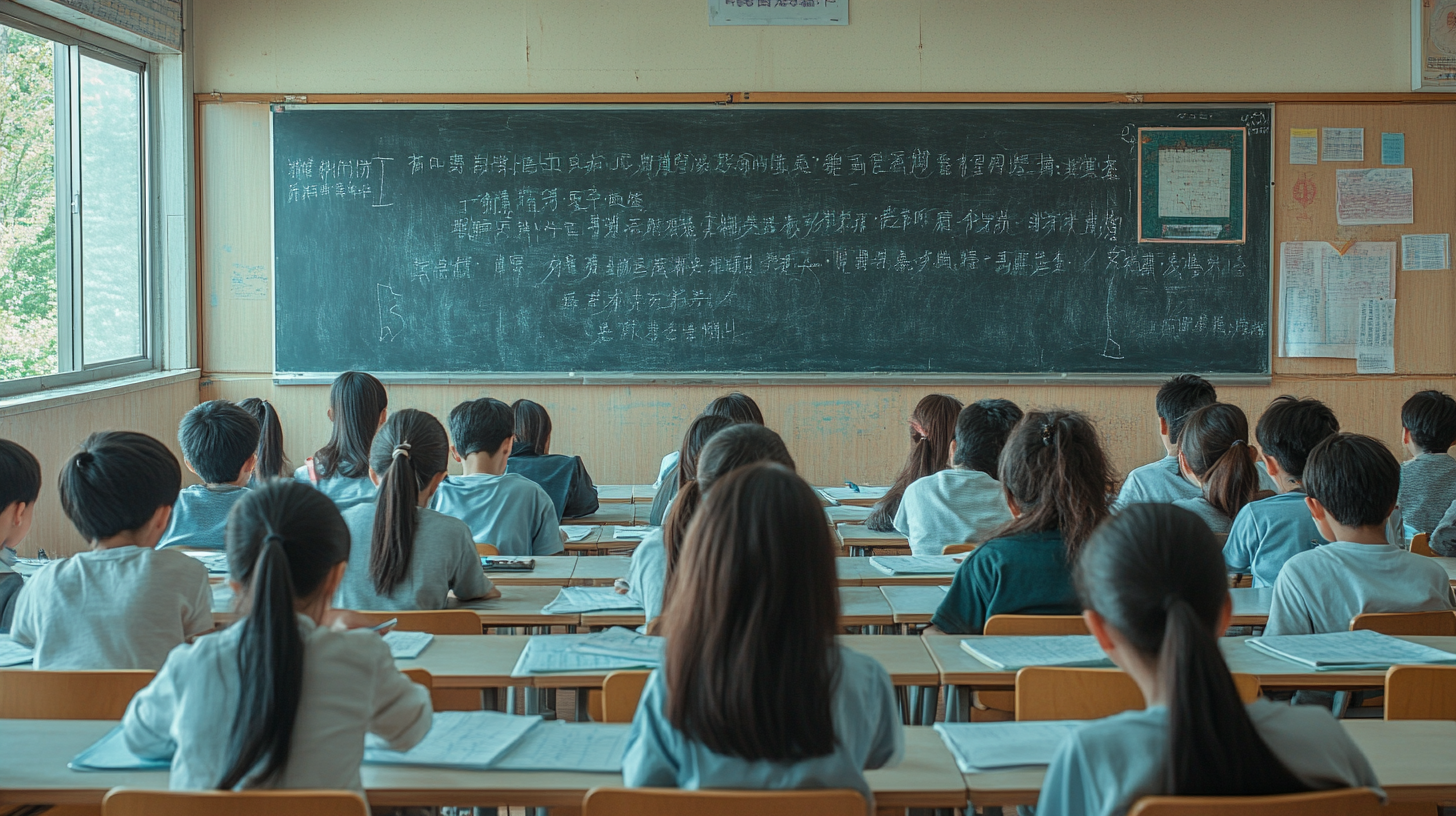 Taiwanese students taking exam in classroom, historical accuracy