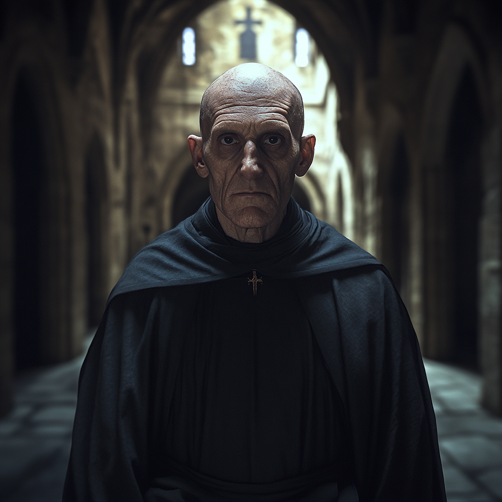 Tall, bald monk with wide-set eyes in monastery.