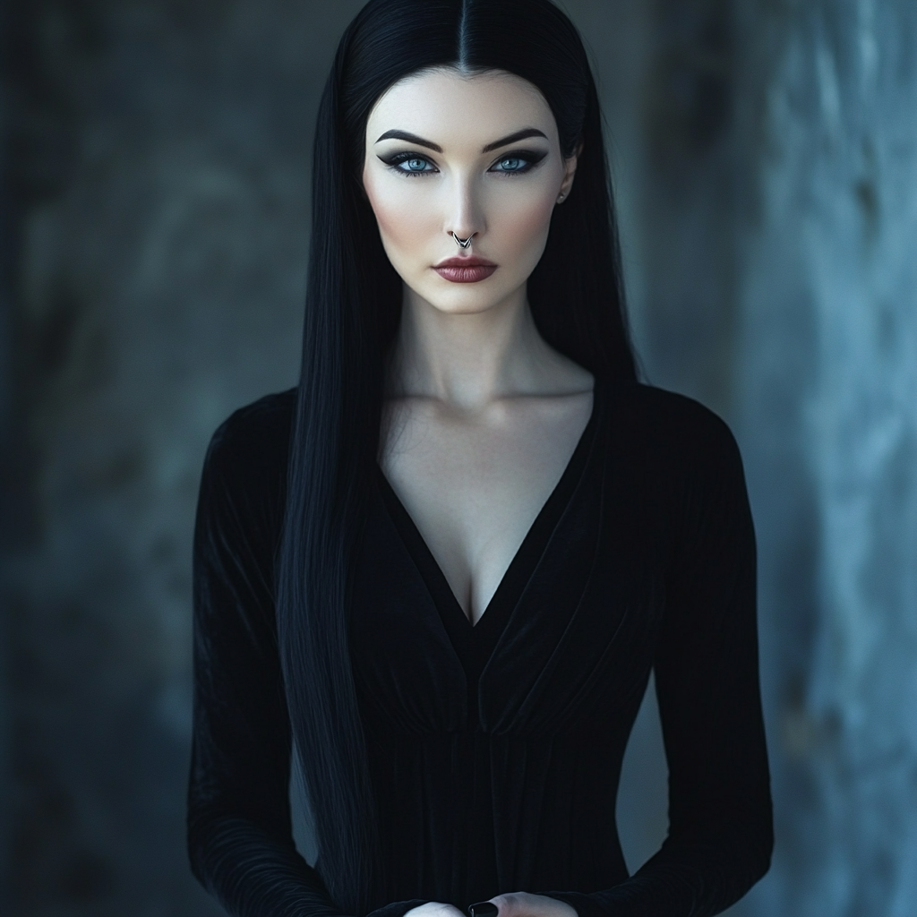 Tall, pale woman with silver eyes and sIlver nose ring, in long black dress and stiletto nails.