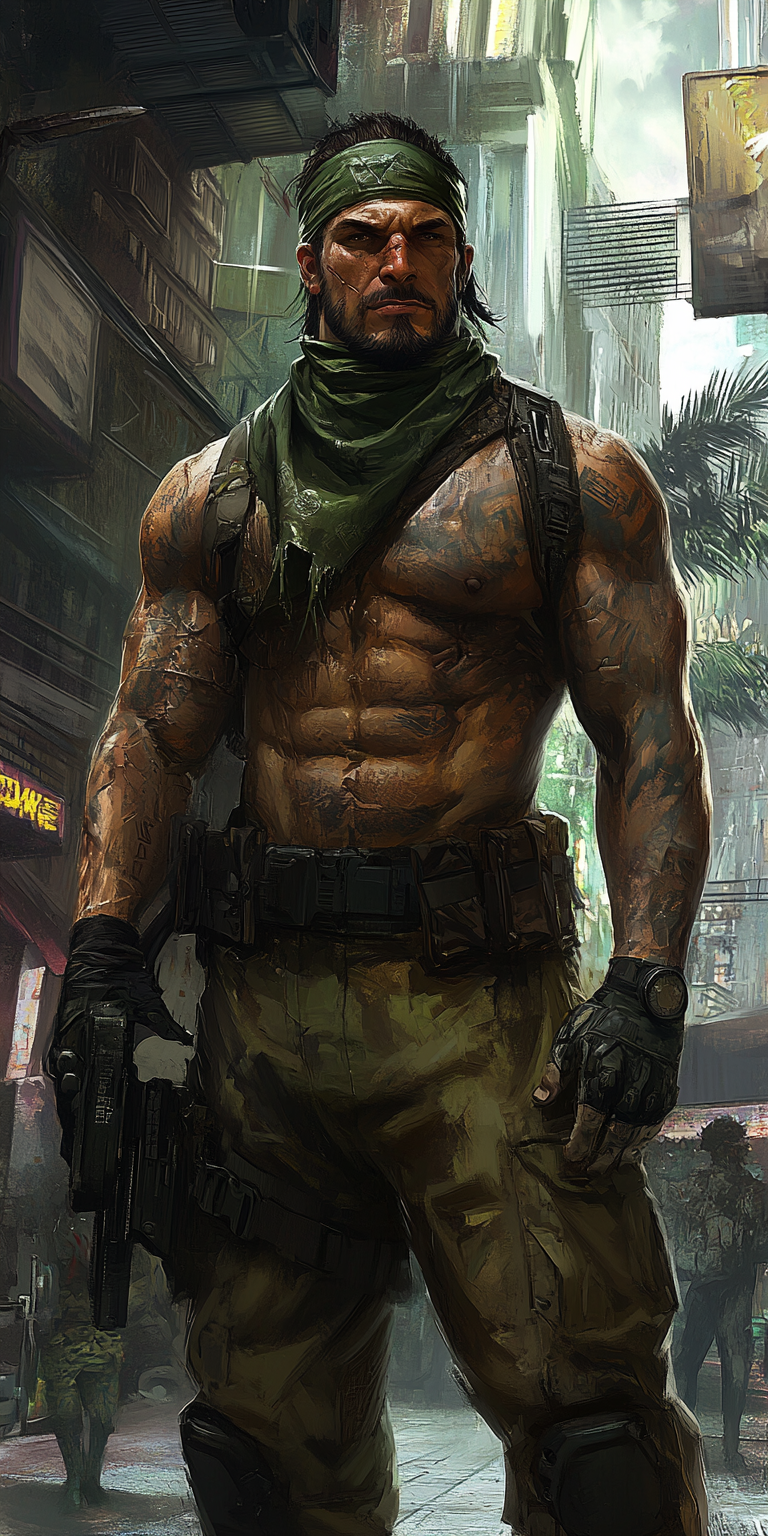 Tall, scarred gang boss in cyberpunk city.