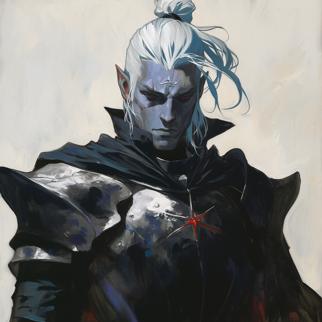 Tall, slim Drow male in black armor portrait.