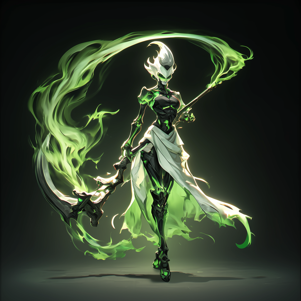 Tall, slim hellborn with green flame skull holds scythe, Unreal Engine 5.