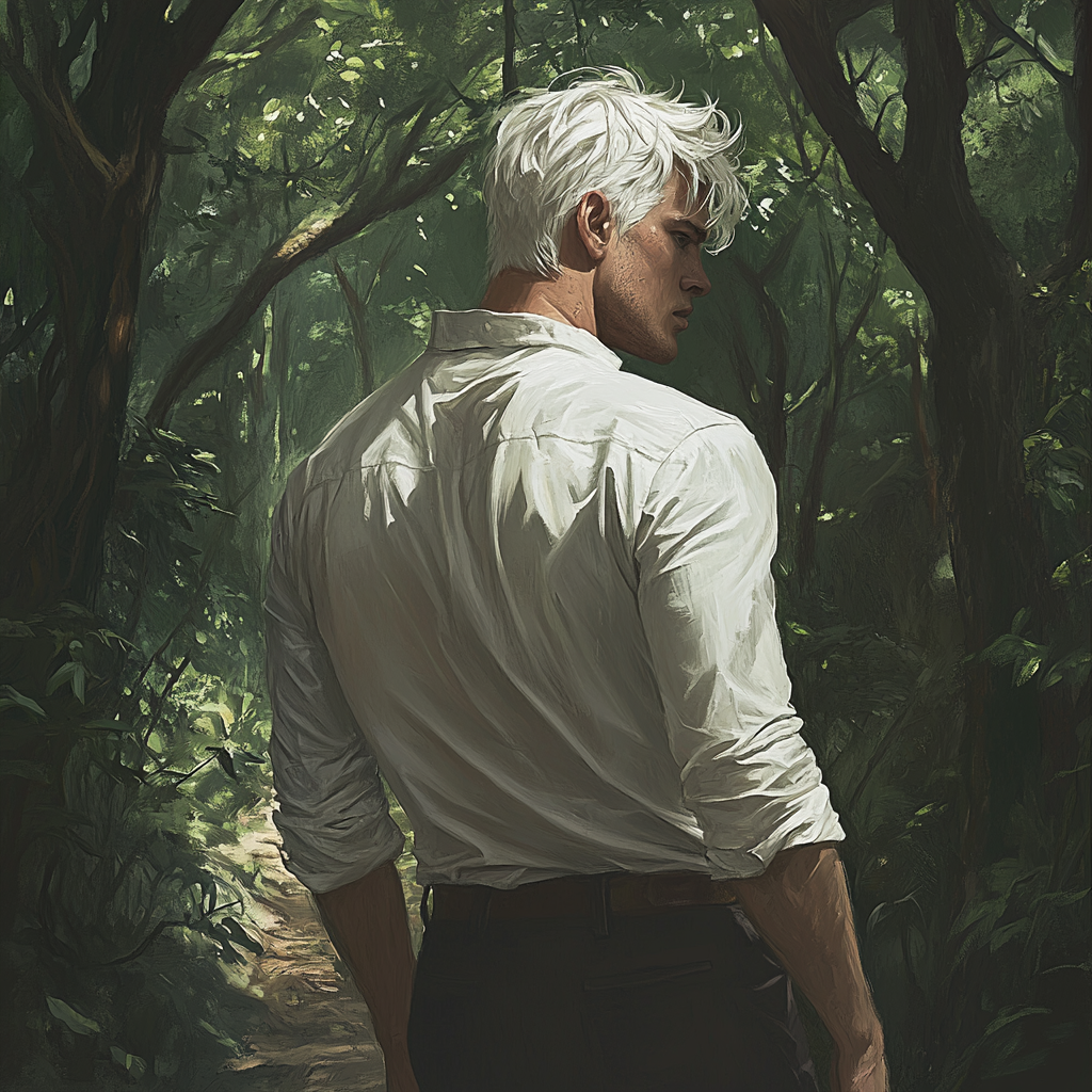 Tall, thin man with white hair in forest.