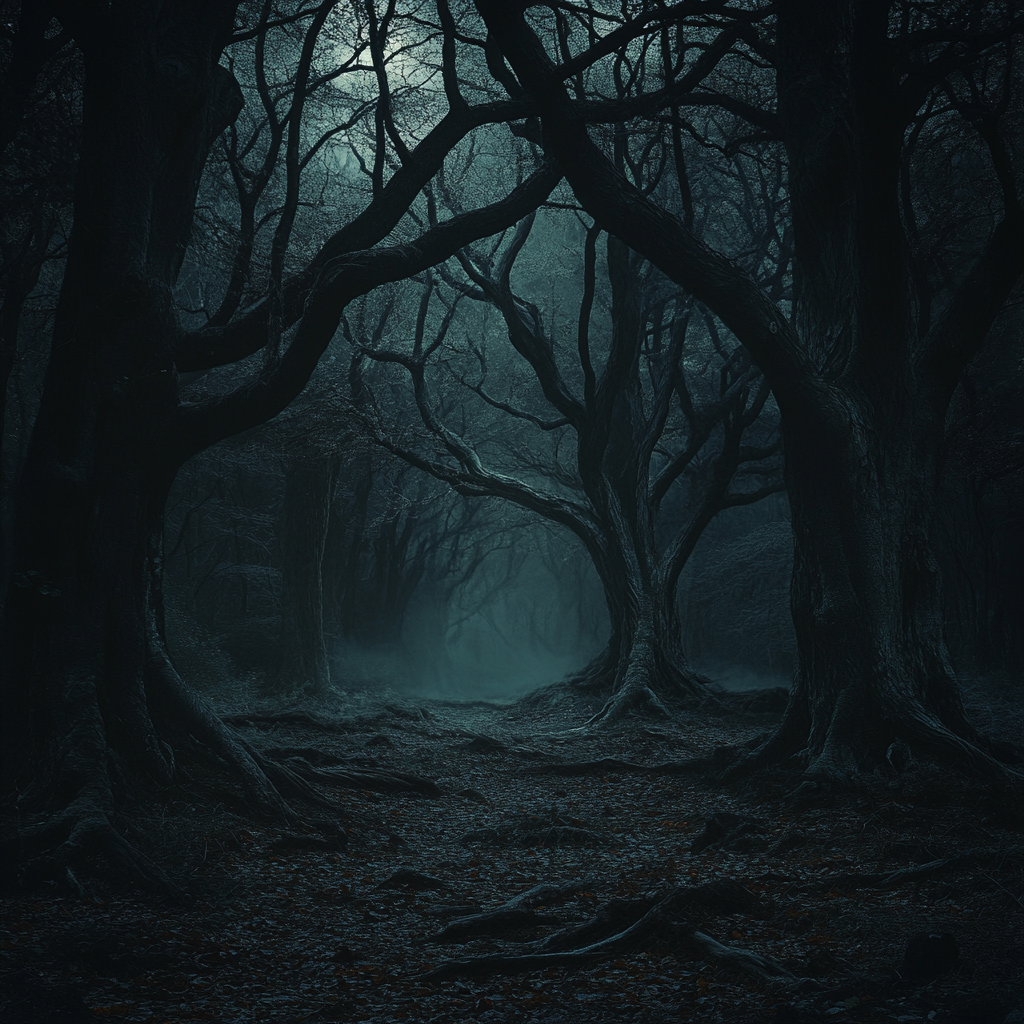 Tall, twisted trees, dead leaves, fog in dark forest.