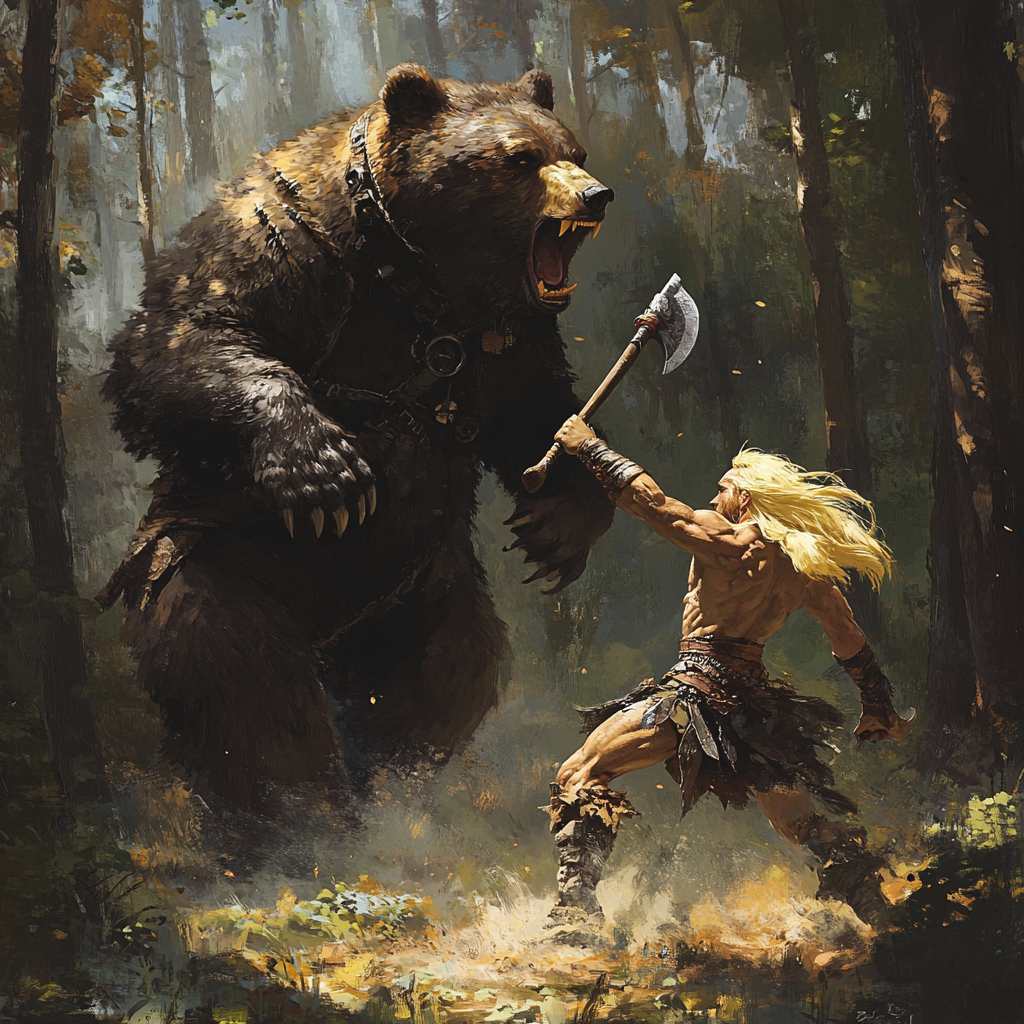 Tall Blonde Barbarian Running Towards Tall Angry Bear