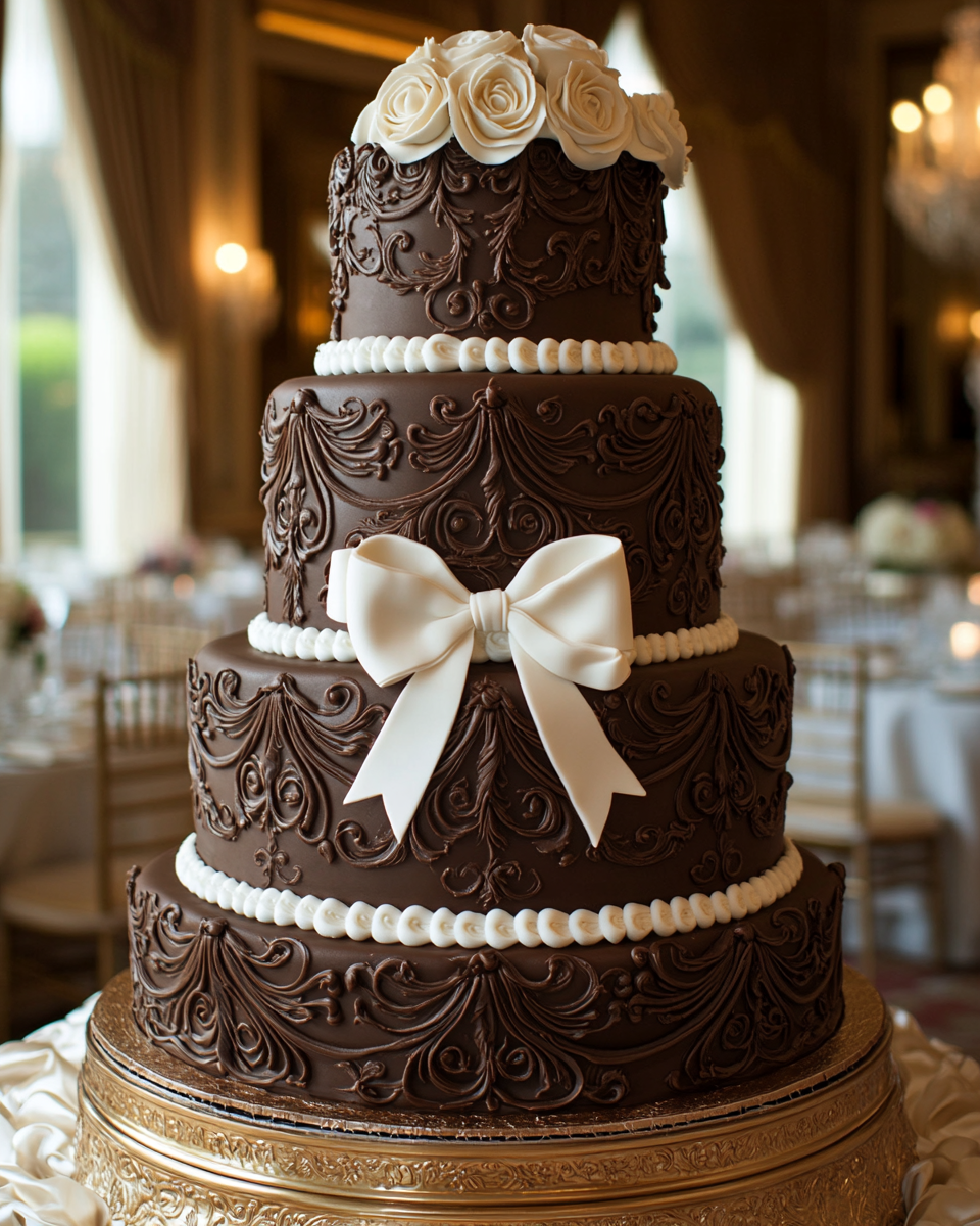 Tall Chocolate Victorian Wedding Cake in Ballroom