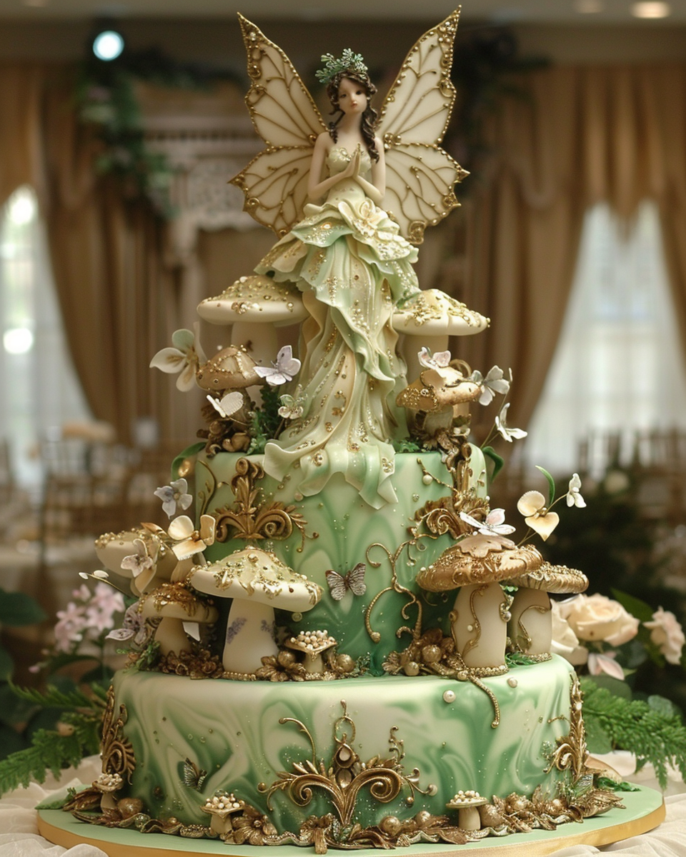 Tall Fantasy Wedding Cake with Fairy and Butterflies