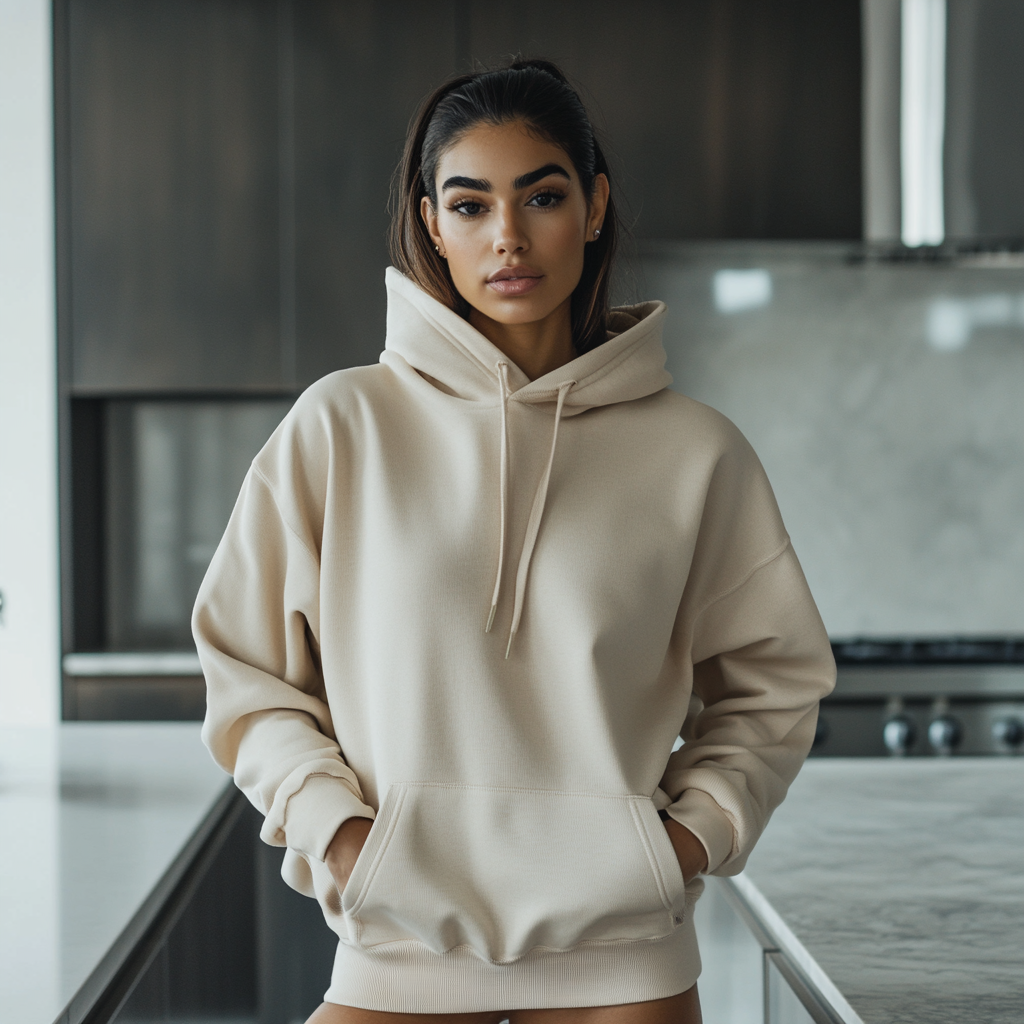 Tall Middle Eastern Female Model in Natural Gildan Hoodie