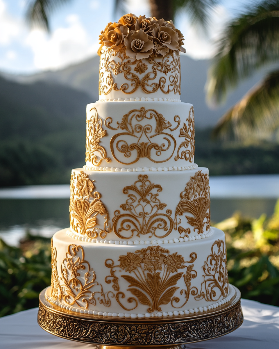 Tall Polynesian-themed Wedding Cake in Hawaii