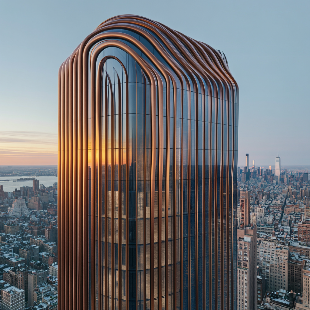 Tall copper skyscraper with waving façade reflects setting sun.