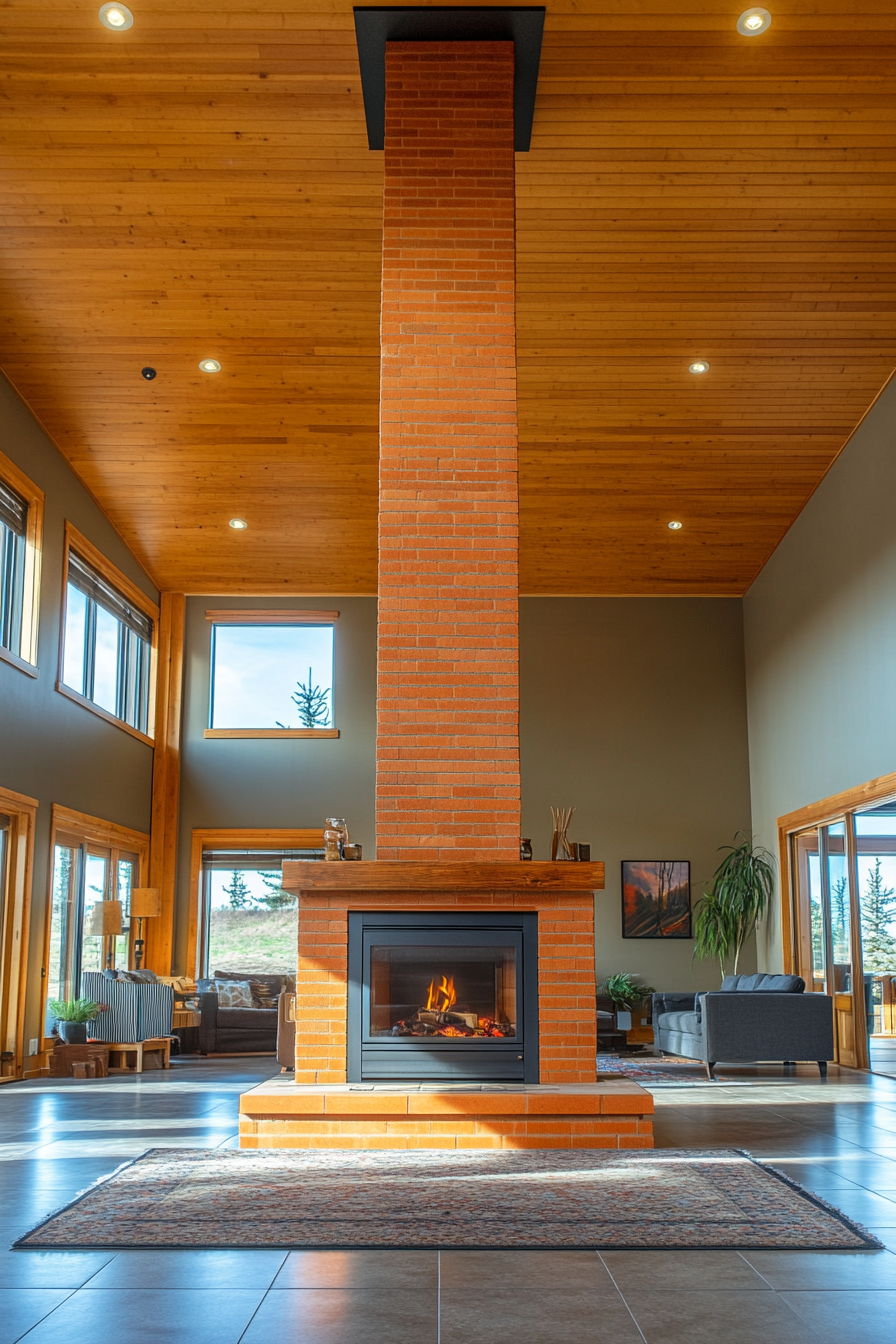 Tall farmhouse fireplace with elegant design and height.