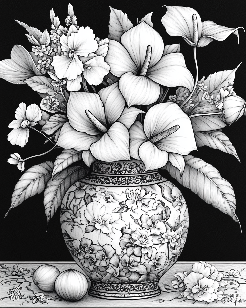 Tall flowers in Chinese vase on Victorian table