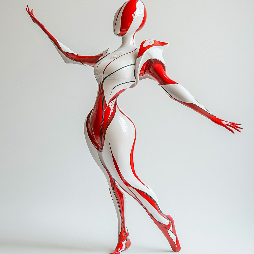 Tall futuristic dancer model in red and white