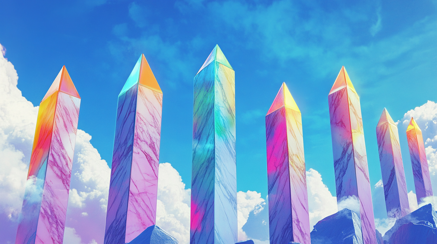 Tall marble buildings with colorful windows reaching sky. shaped arrows.