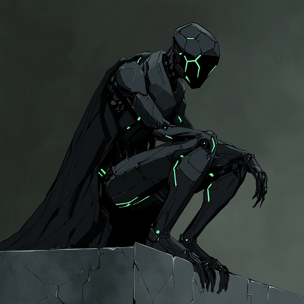 Tall mech in black cloak and green highlights squatting.