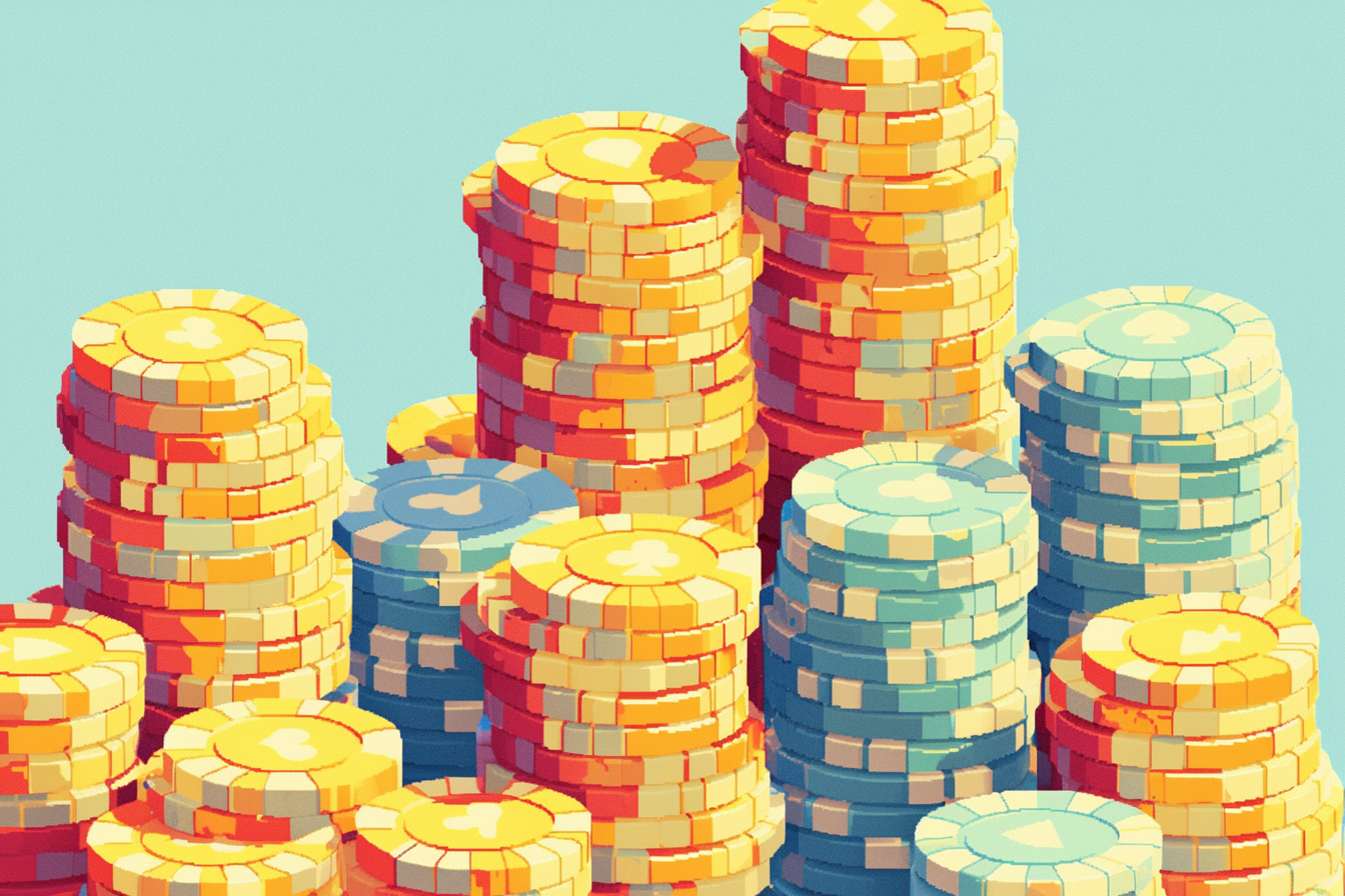 Tall stacks of colorful poker chips in pixel art