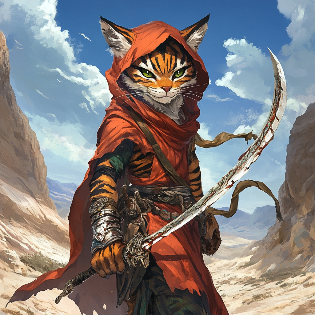 Tall tabaxi rogue with green eyes and rapier.