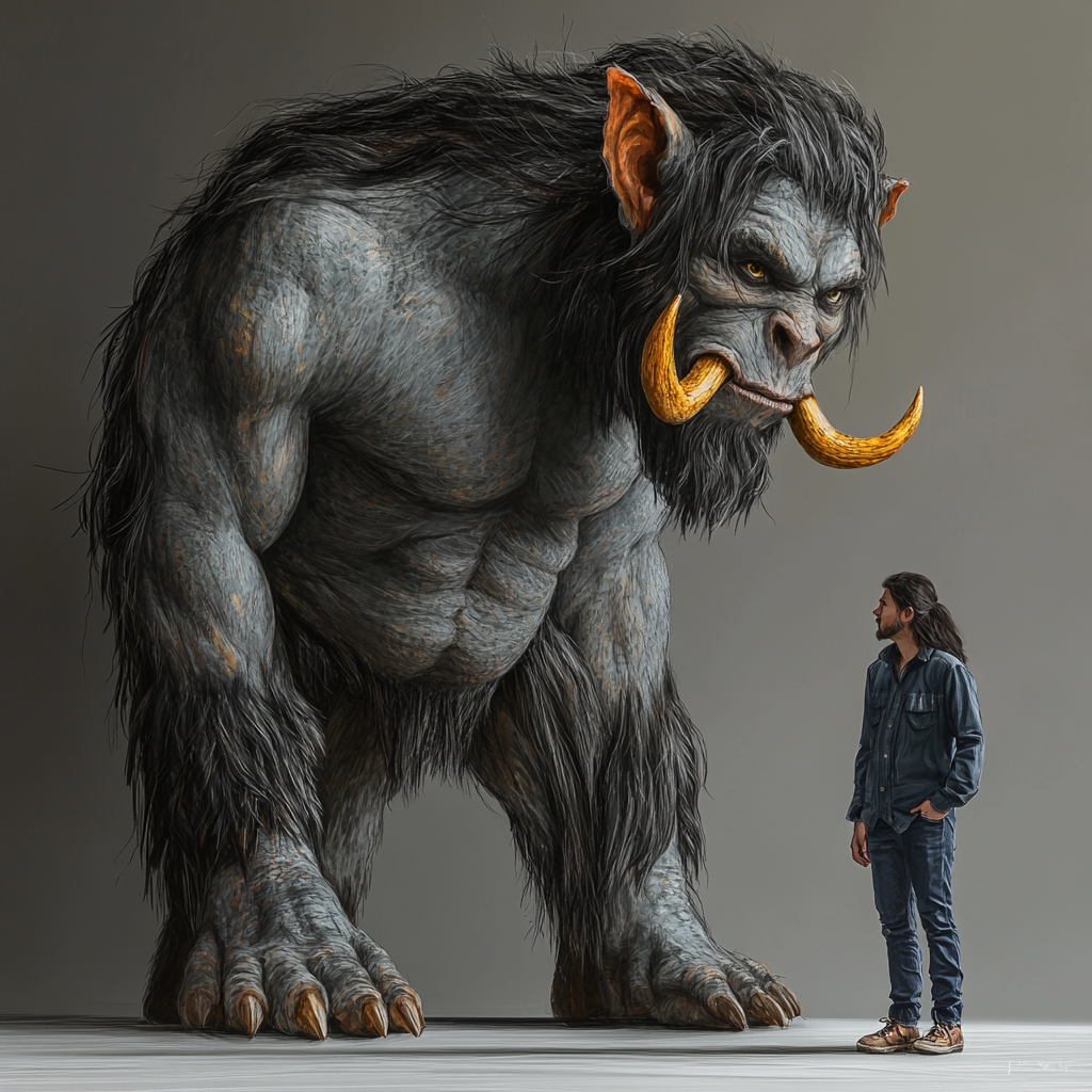 Tall troll with grey skin, black hair, and tusks.