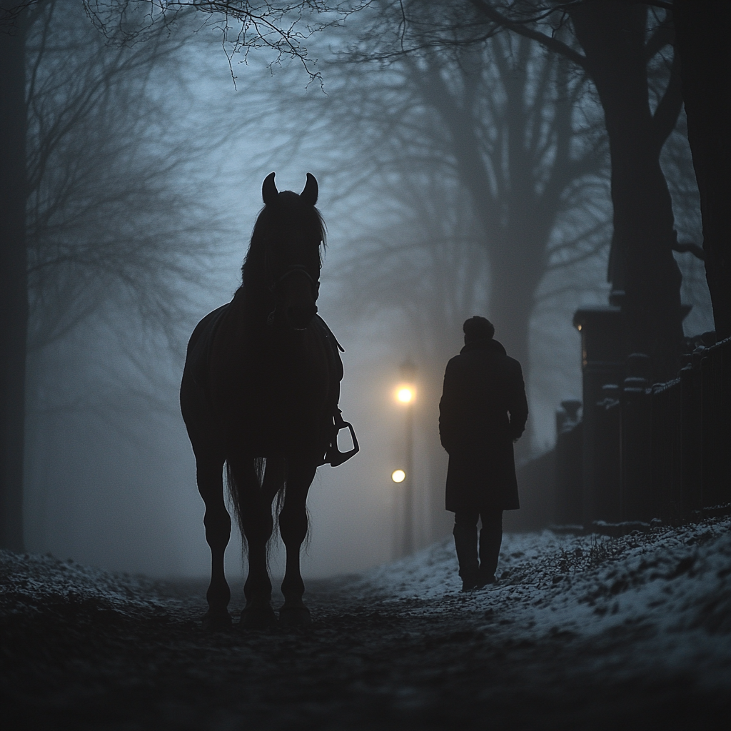 Tamed horse, person mounting in dark scene