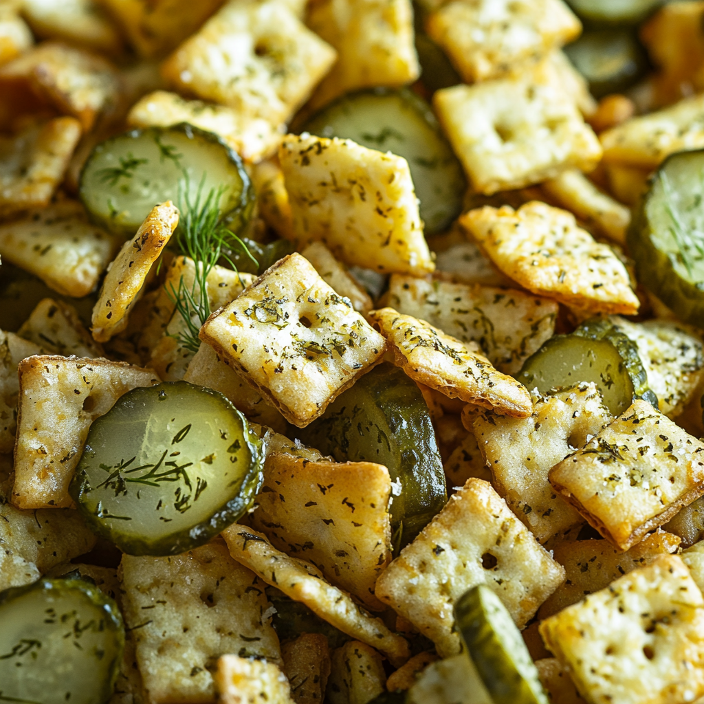 Tangy Dill Pickle Chex Mix Snack Closeup