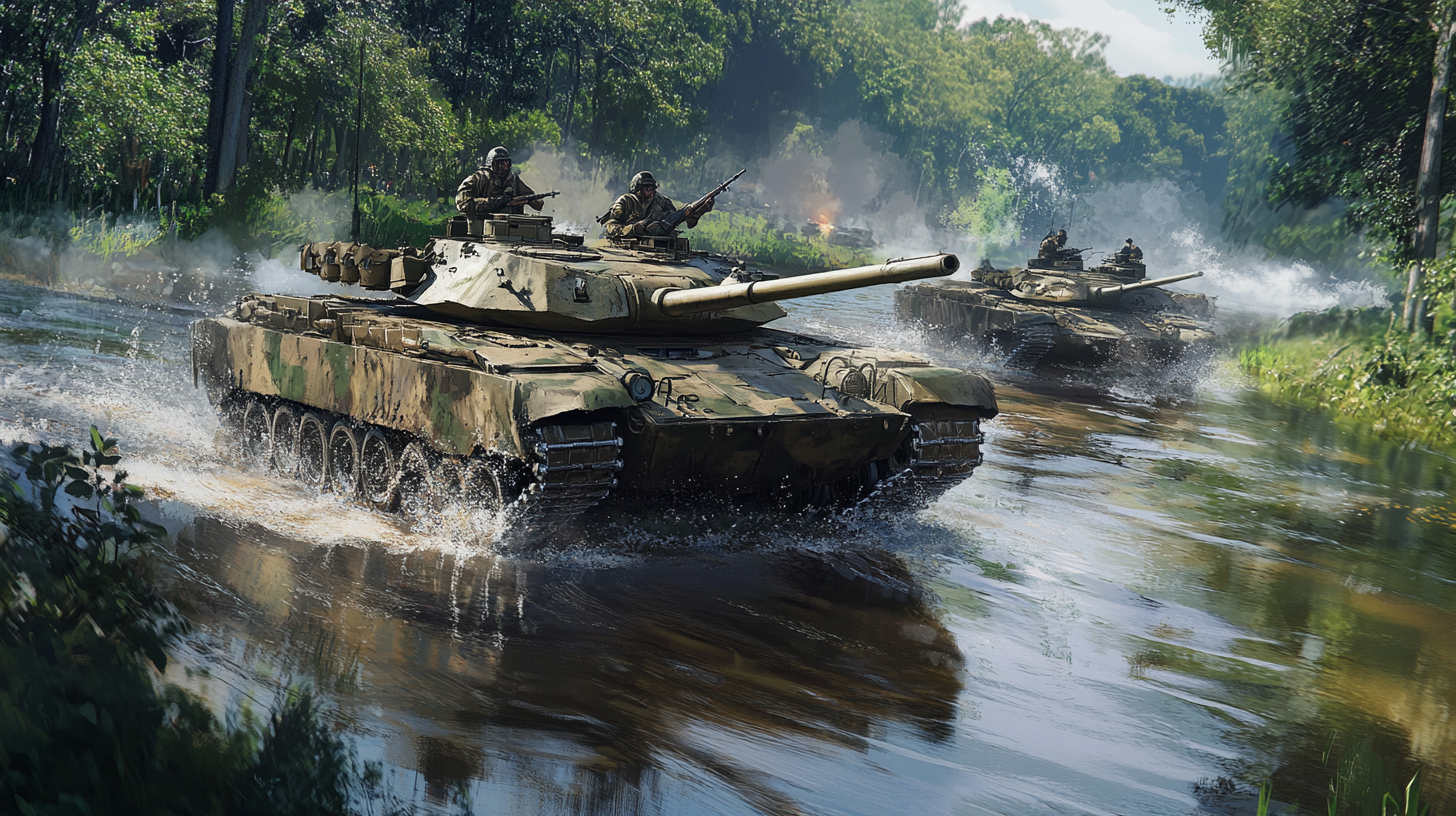 Tanks driving through Washington, hyper-realistic image captured beautifully.