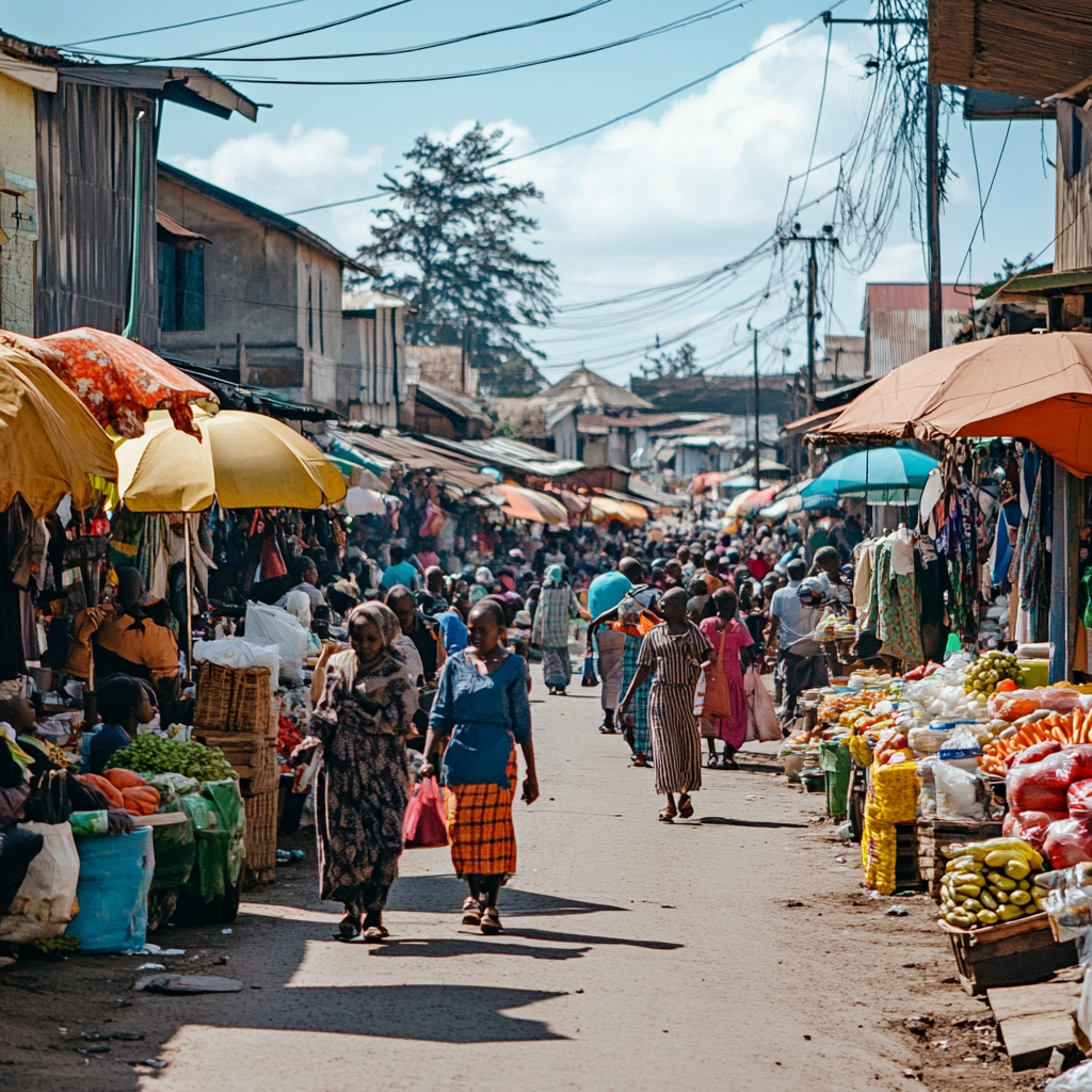 Tanzania Market Street with Busy Intersection People Shopping