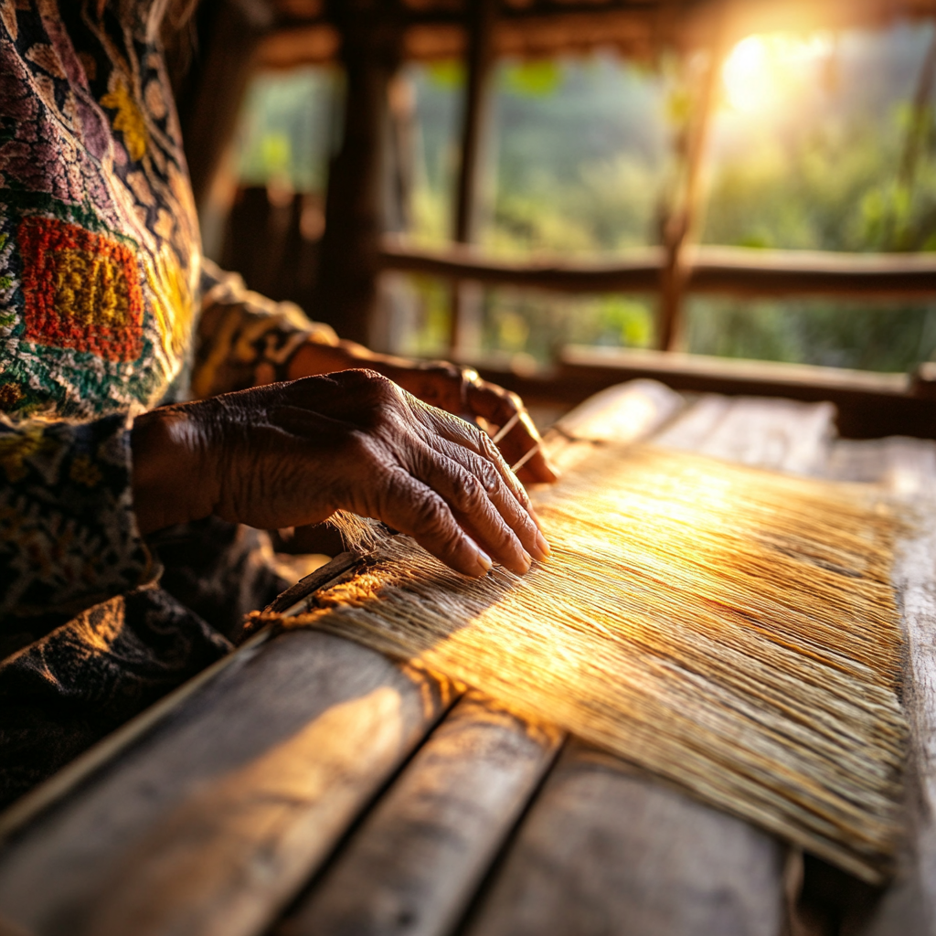 Taroko people weaving cloth, sunlight through bamboo house gaps.