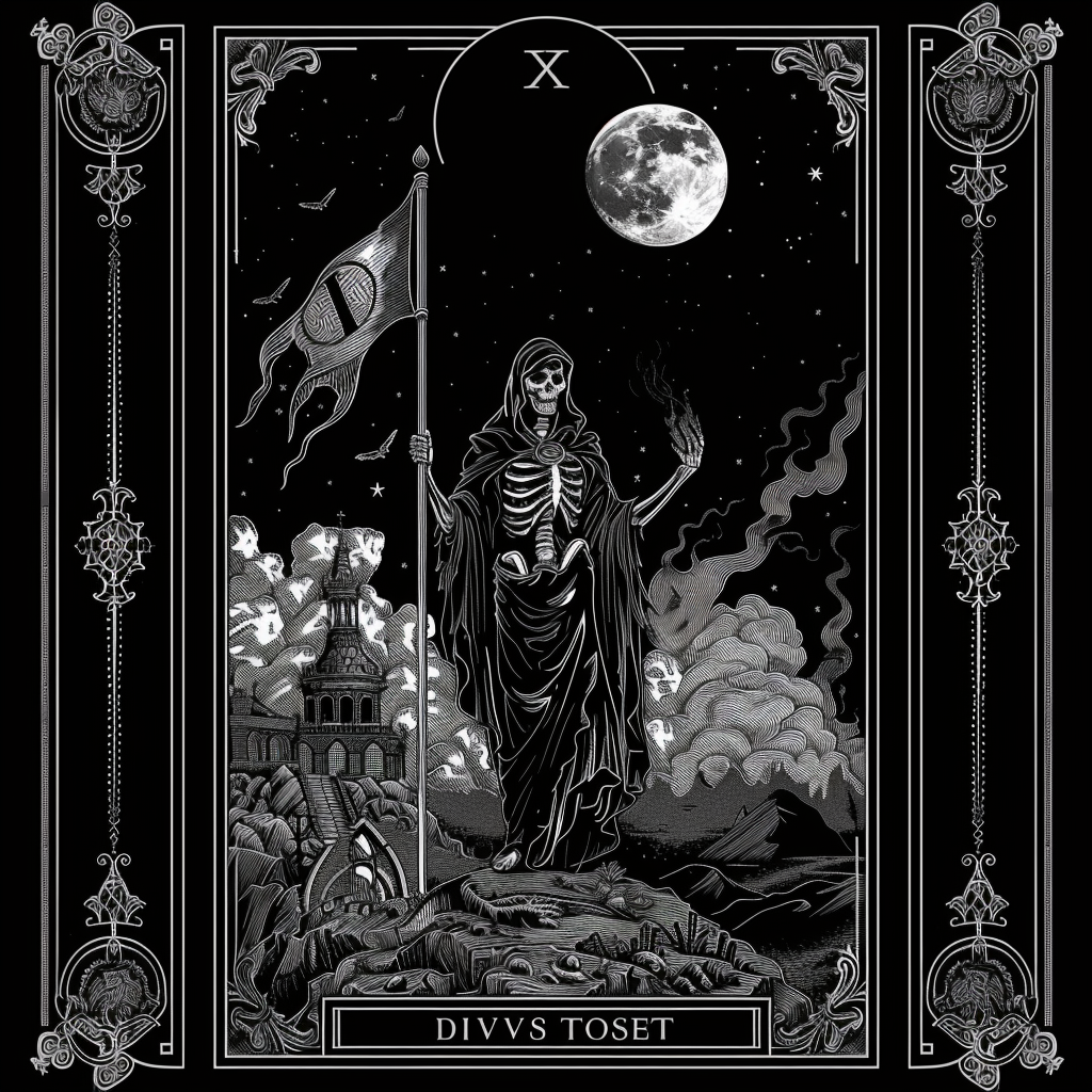 Tarot card with grim reaper holding flag.