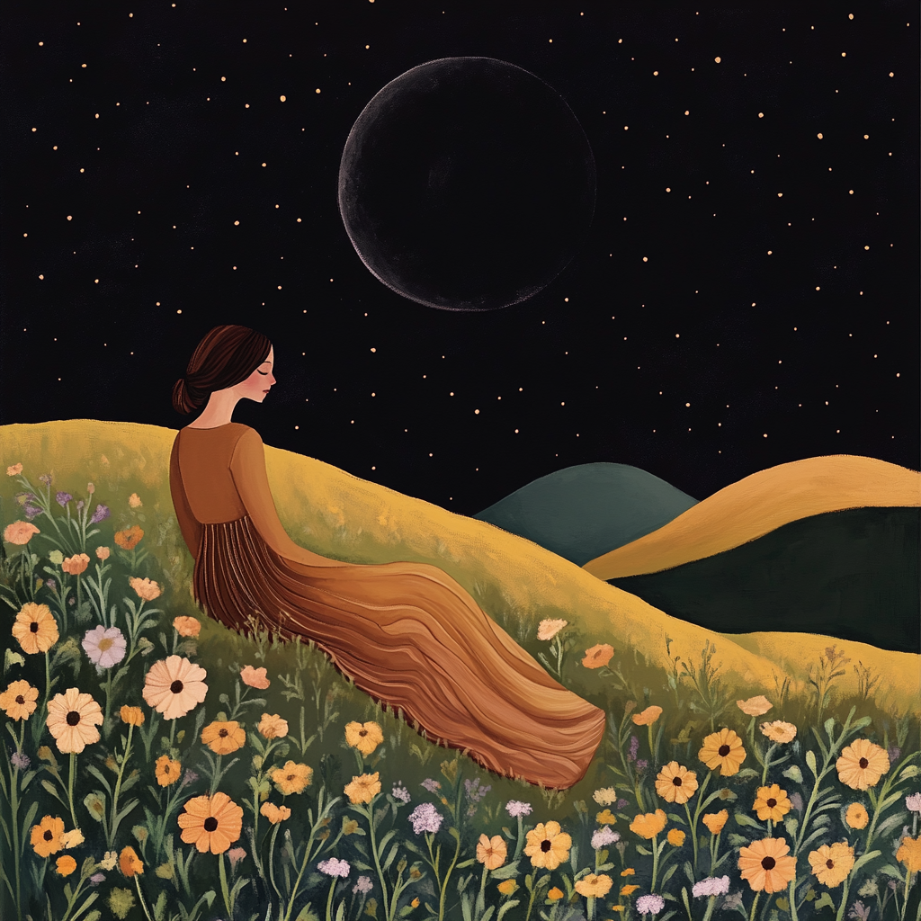 Tarot card: Woman in brown dress under black moon