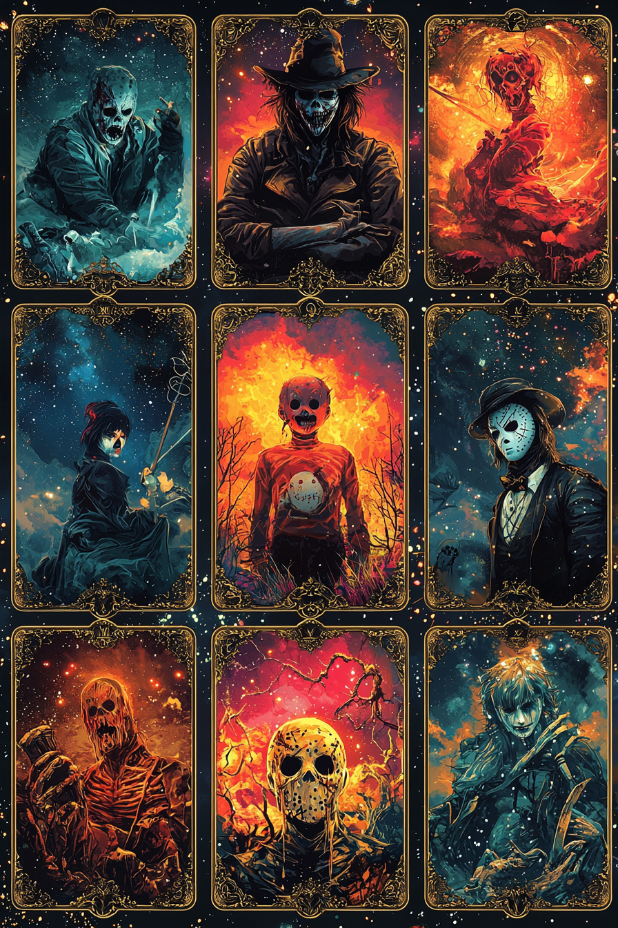 Tarot cards featuring horror movie characters in cosmic art.