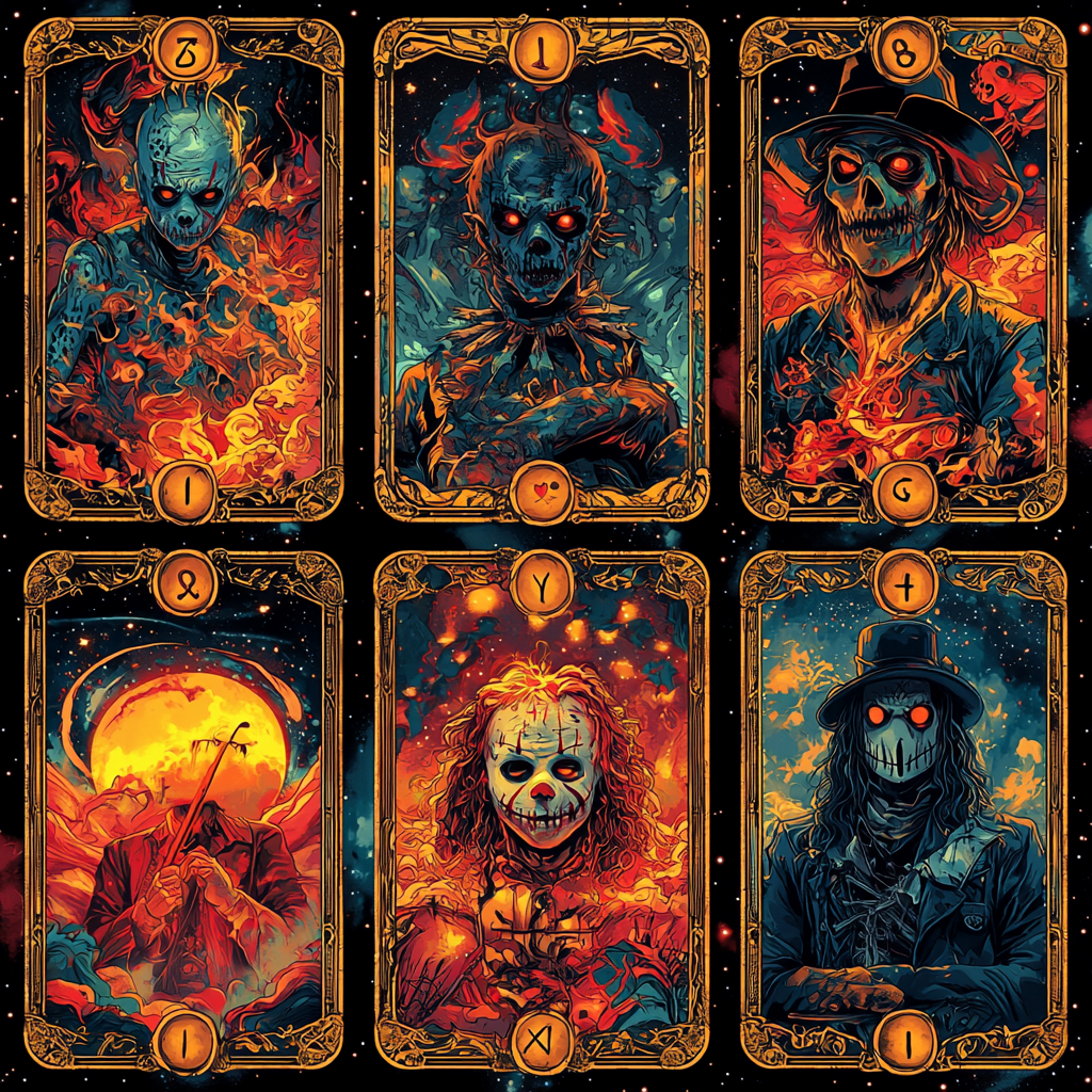 Tarot cards with horror movie characters in cosmic art.