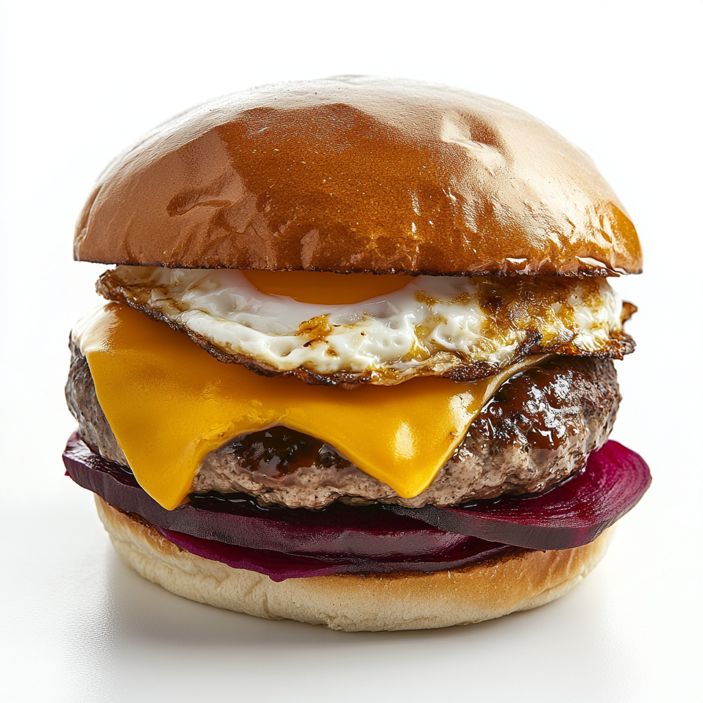 Tasty burger with beef patty, egg, cheese & BBQ