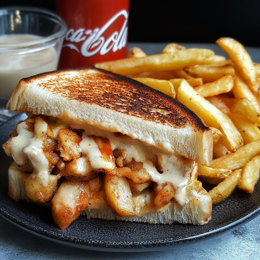 Tasty chicken and potato sandwich with cheese and sauces.