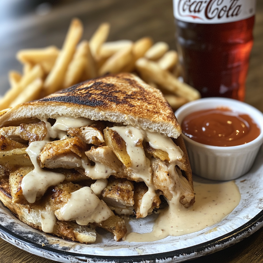 Tasty grilled chicken-filled sandwich with fries and Coke